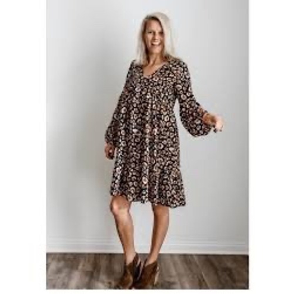 143 Story Leopard Babydoll Dress Women S Black Brown Tiered V-Neck